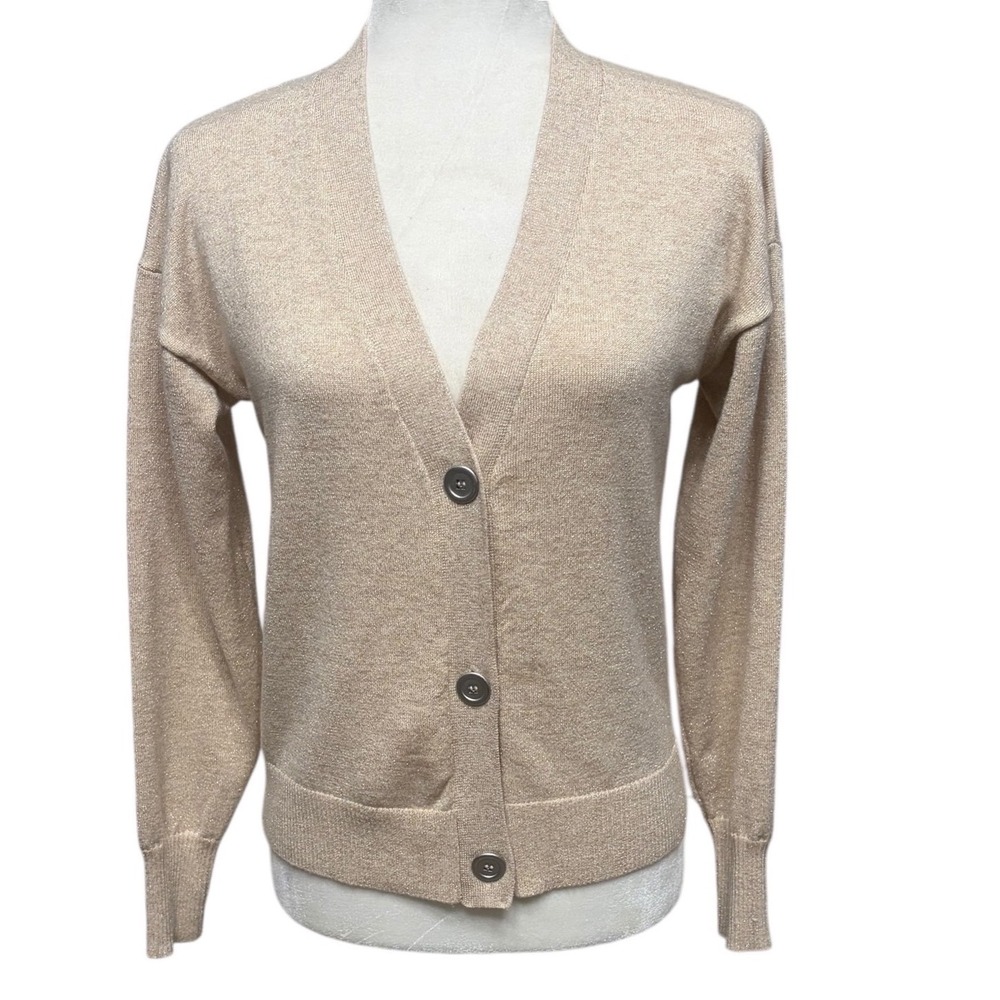 Mint Velvet Metallic Knit‎ V Neck Button Cardigan Cream Beige Size S